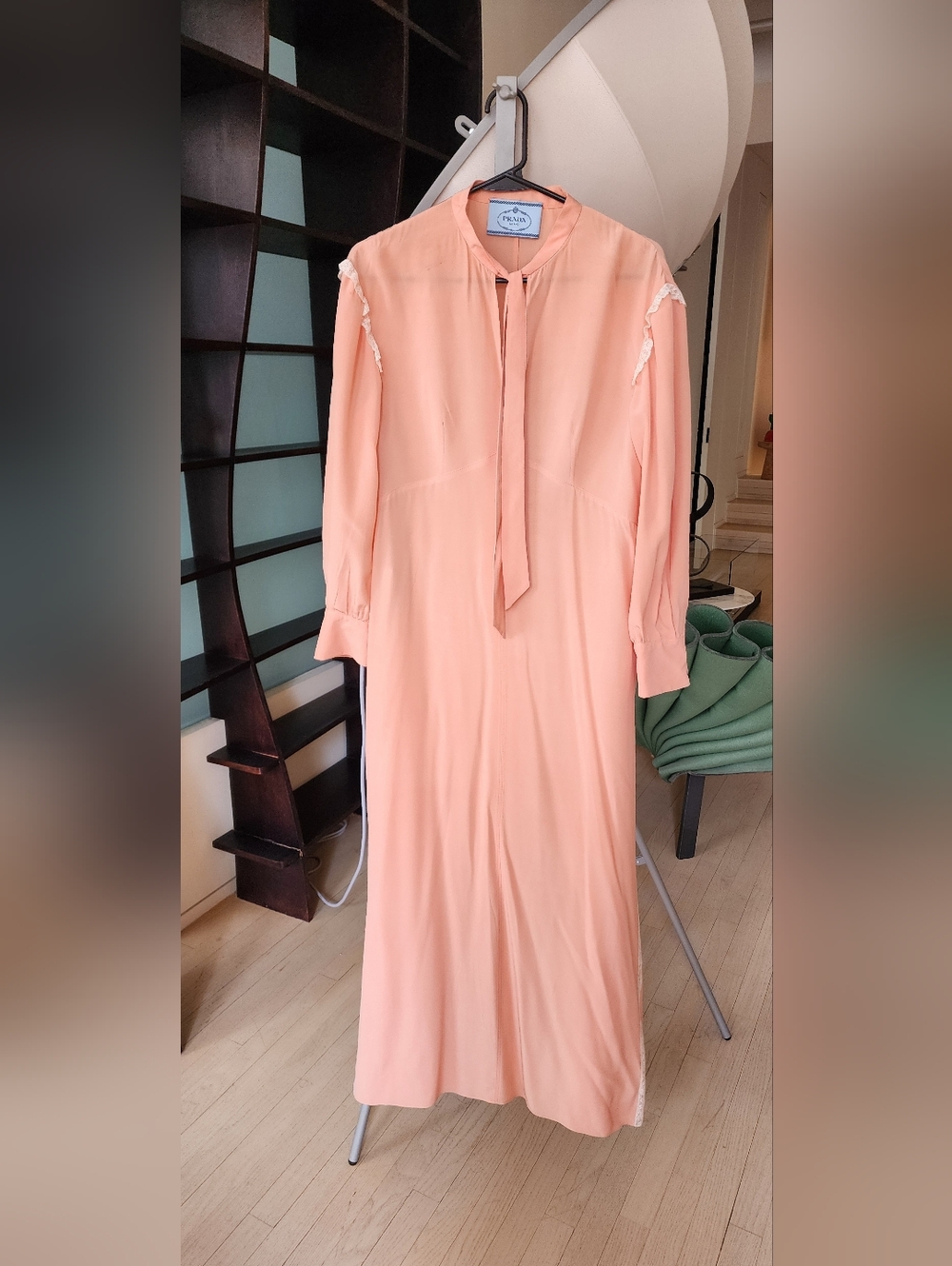Prada Peach Tie-Neck Long Sleeve Maxi Dress